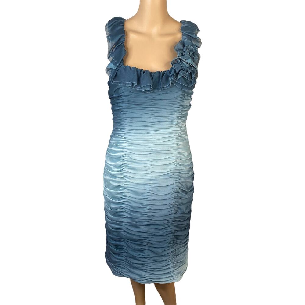 Adrianna Papell Blue Ombre Ruffle Rosette Ruched Sheath Dress Women's SZ 12
